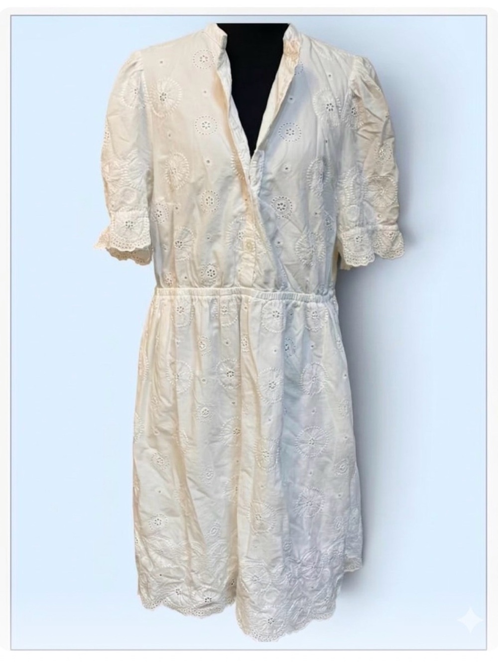 Boden White Eyelet Cotton Mini
Puff Sleeve Button-Front Shirt Dress SIZE 12